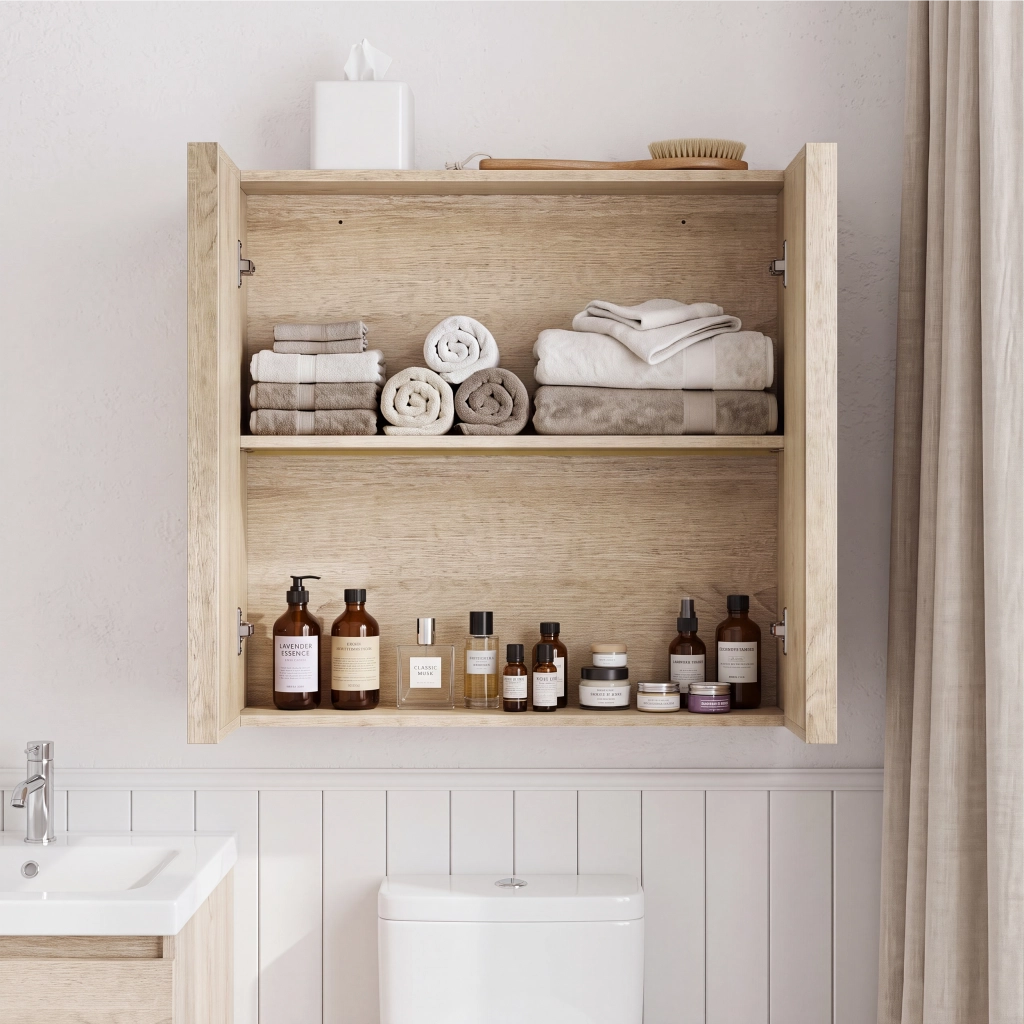 Armadietto da bagno pensile con 2 ante e ripiani, finitura rovere, per bagno, in MDF e truciolato, 60 × 21,6 × 58 cm
