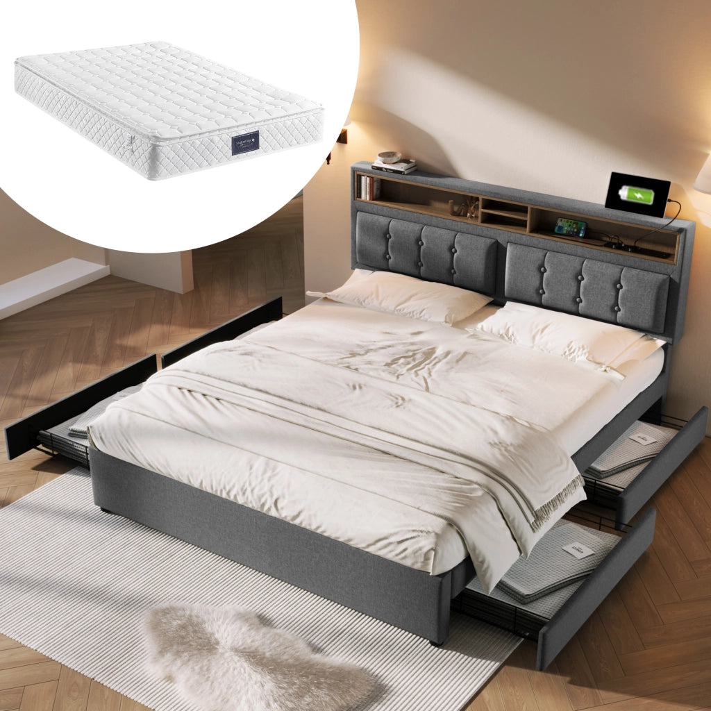 LETTO imbottito 140x200 cm grigio in lino con materasso incluso