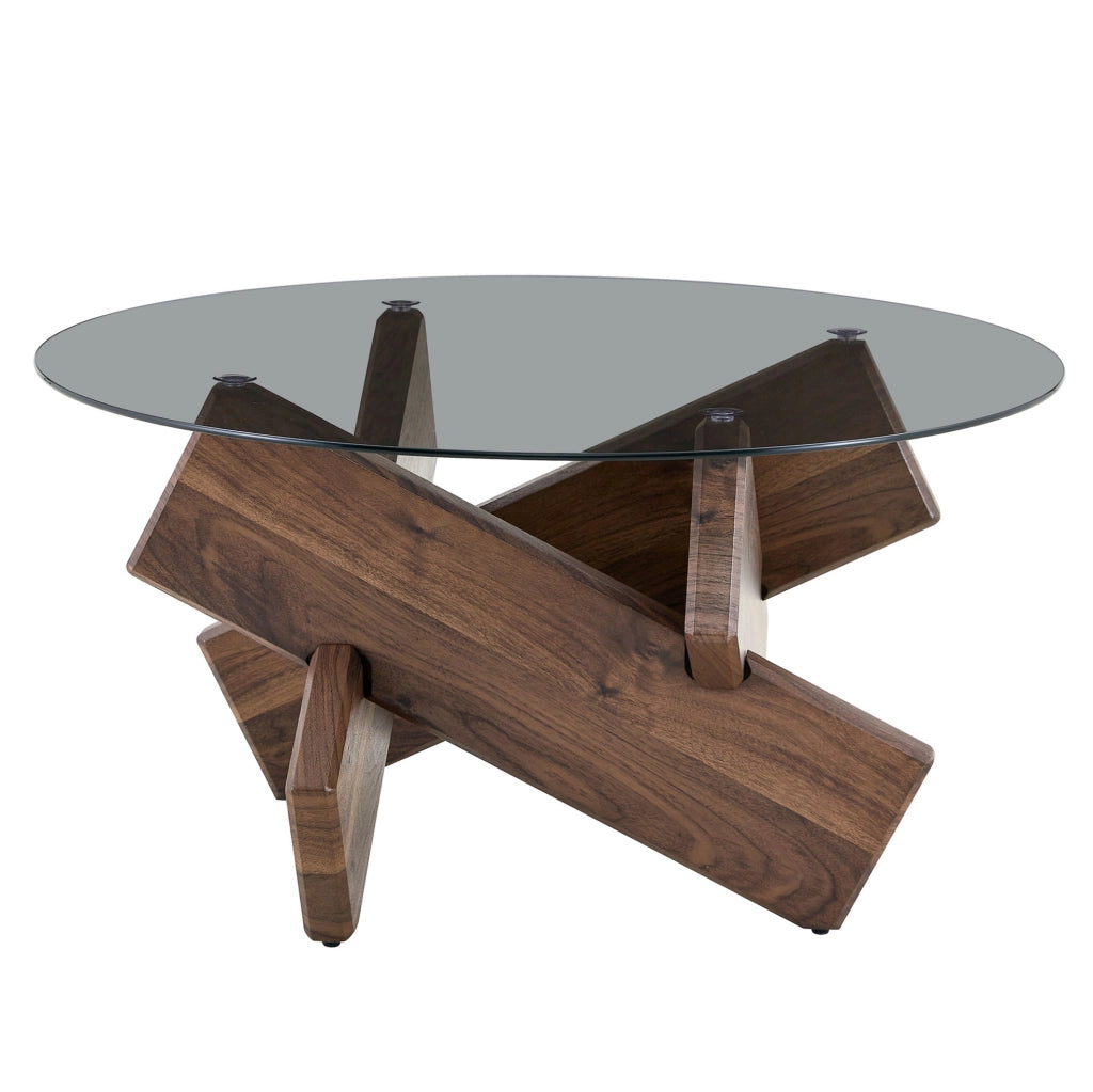Tavolino da caffè rotondo con piano in vetro temperato e base geometrica in MDF; noce
