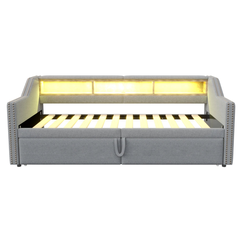 Divano letto estraibile 90/180x200 cm con LED, USB e vani laterali grigio chiaro
