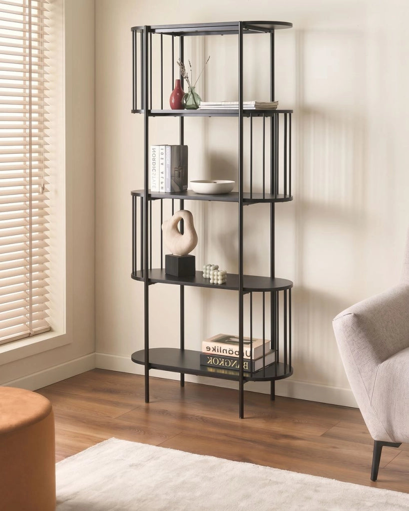 Libreria a 4 ripiani in MDF nero 172 x 80 cm ovale laminata melaminica stile retrò soggiorno ufficio