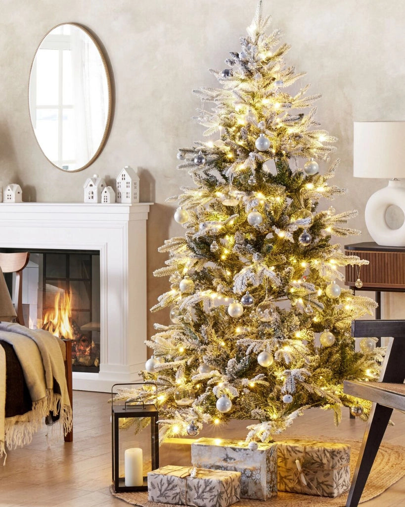 Albero di natale artificiale bianco sintetico 180 cm innevato pre innevato con neve rami innevati led lucine natalizie