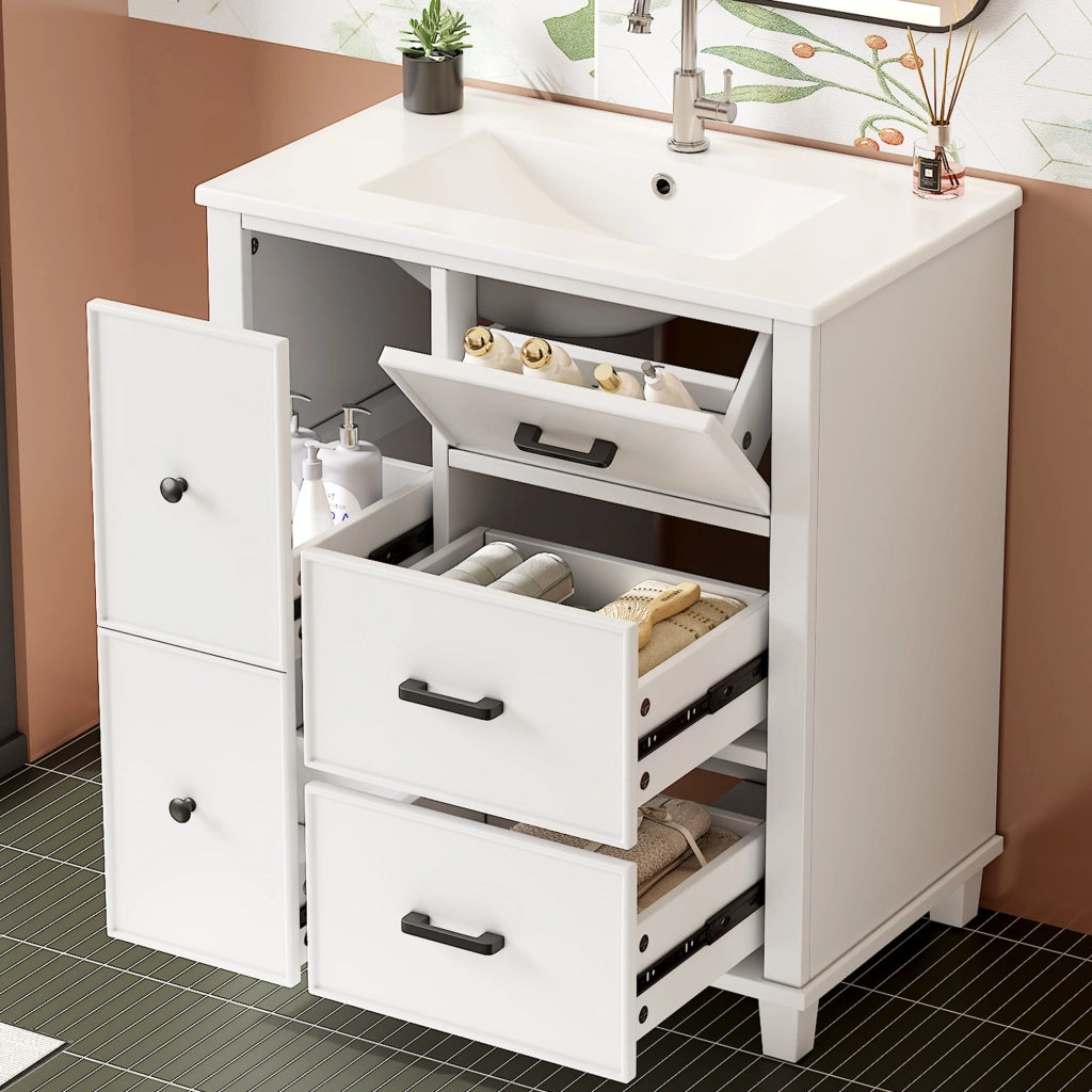 Mobile sottolavabo con 4 cassetti e 1 ribalta; per bagno; in MDF e ceramica; bianco