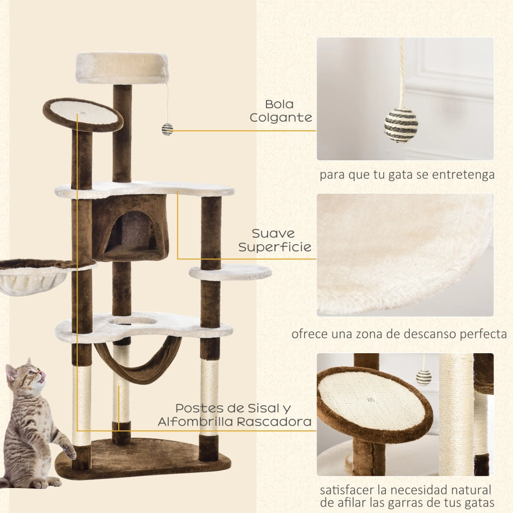 Torre per Gatti Grande con Piattaforme, Amaca e Cueva ¨C zephmum ¨C Marrone 65x50x153 cm