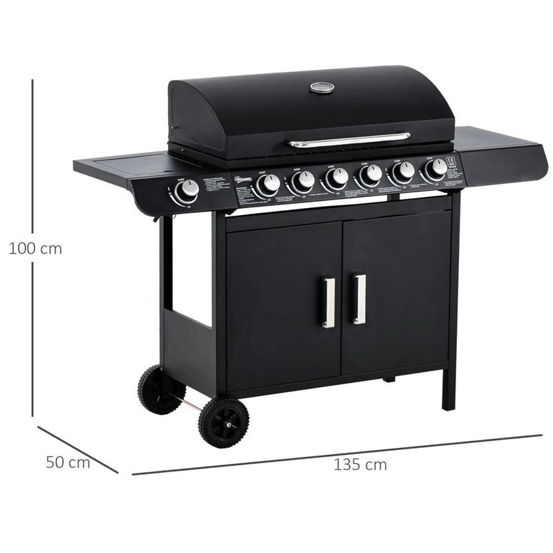 BARBECUE A GAS CON COPERCHIO, 7 BRUCIATORI DA 20KW, FORNELLO LATERALE E 2 RUOTE, 135X50X100CM NERO