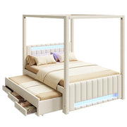 Letto Matrimoniale 140x200 cm - Letto Estraibile; 3 Cassetti; LED - in Lino e MDF - Beige