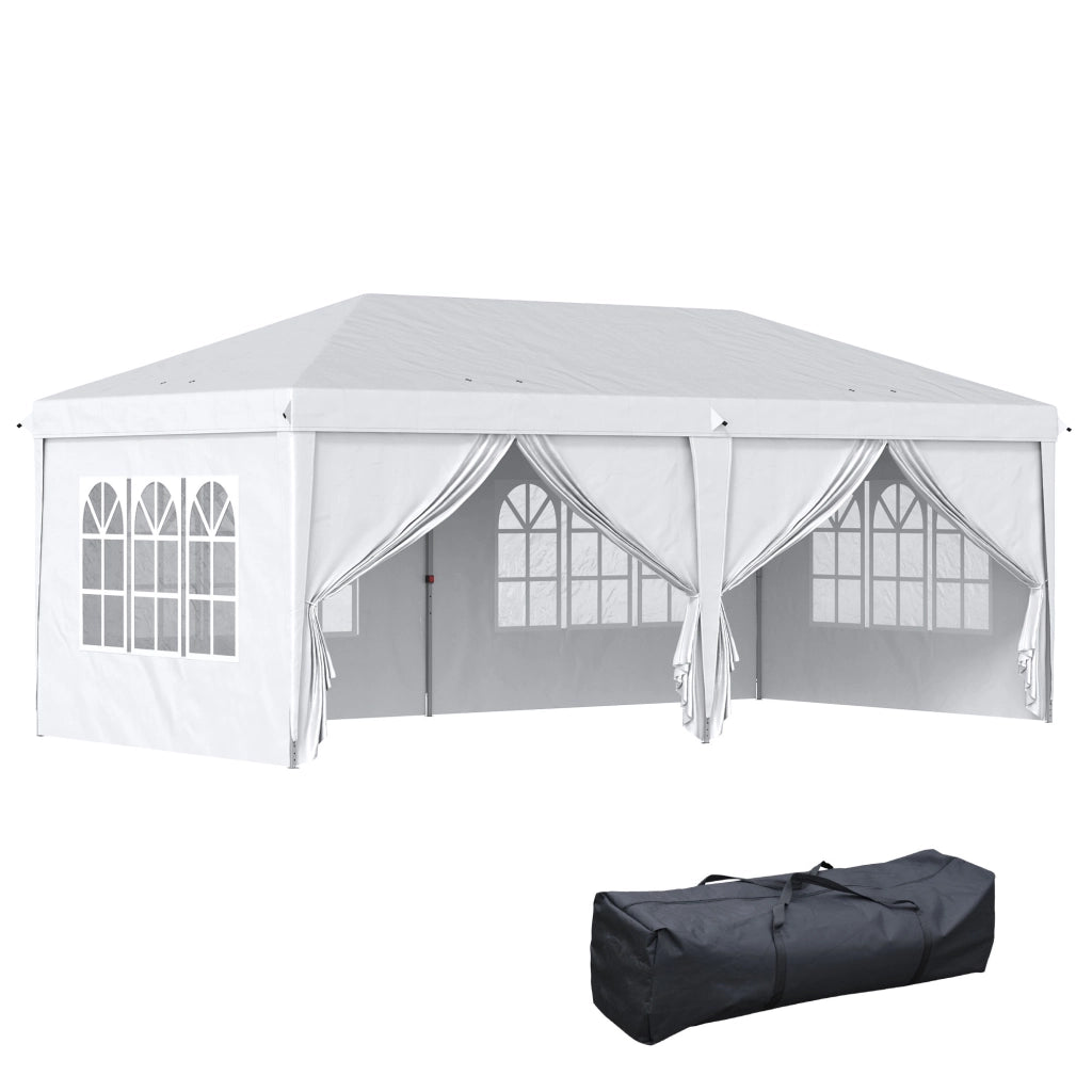 Gazebo da giardino pieghevole Padiglione 5.85 x 2.95 m con protezione UV tenda con pareti laterali e finestre porte con cerniera acciaio bianco