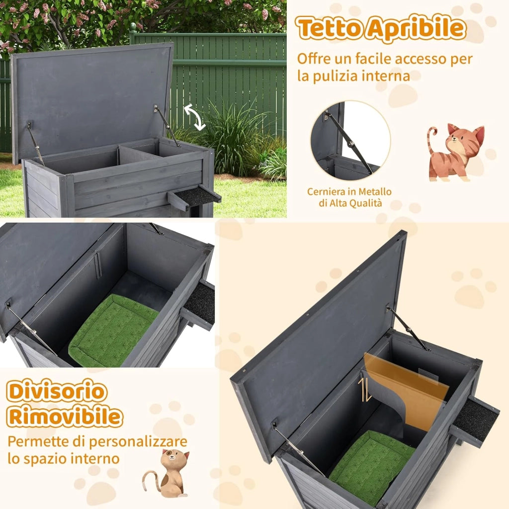 Cuccia per Gatti da Esterno Inverno, Cassetta per Gatti Impermeabile in Legno con Isolamento in Schiuma, 2 Comparti Spaziosi, Tetto Apribile in Asphalt e Porta, 88 x 55 x 71 cm (Grigio)