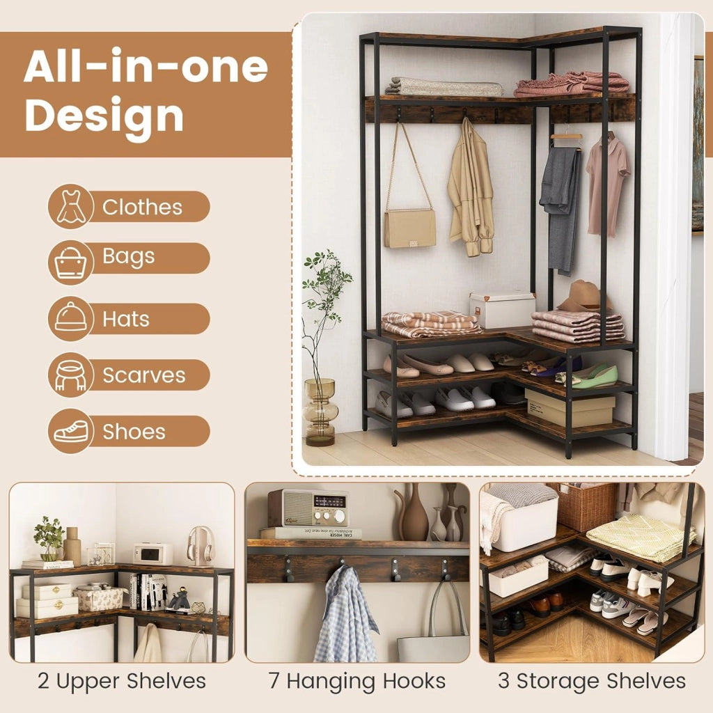Appendiabiti da Terra a Forma di L, Mobile Ingresso con Scarpiera con Panchina, Ripiano e Gancio, Design Industriale per Angolo, 90 x 90 x 178 cm (Marrone)