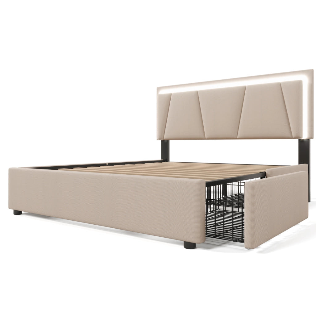 Letto con cassetti 160 × 200 cm con testiera regolabile, LED, 4 cassetti, senza materasso, in legno, beige