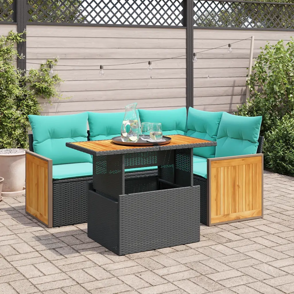 Set Divani da Giardino 5 pz con Cuscini Nero Polyrattan Acacia