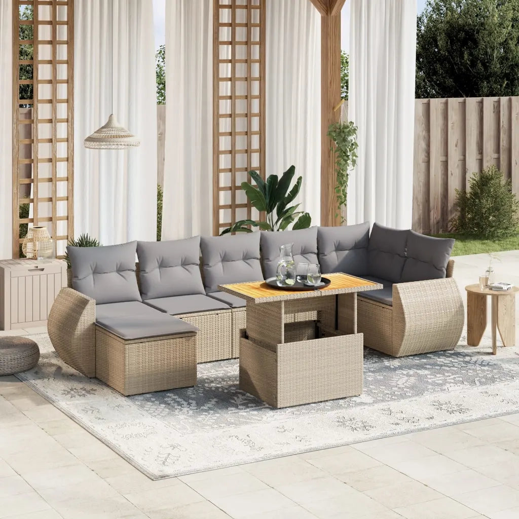 Set Divano da Giardino 8 pz con Cuscini Beige in Polyrattan