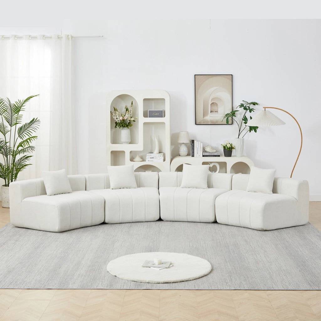 Modulo divano curvo modulare in ciniglia beige con 2 cuscini