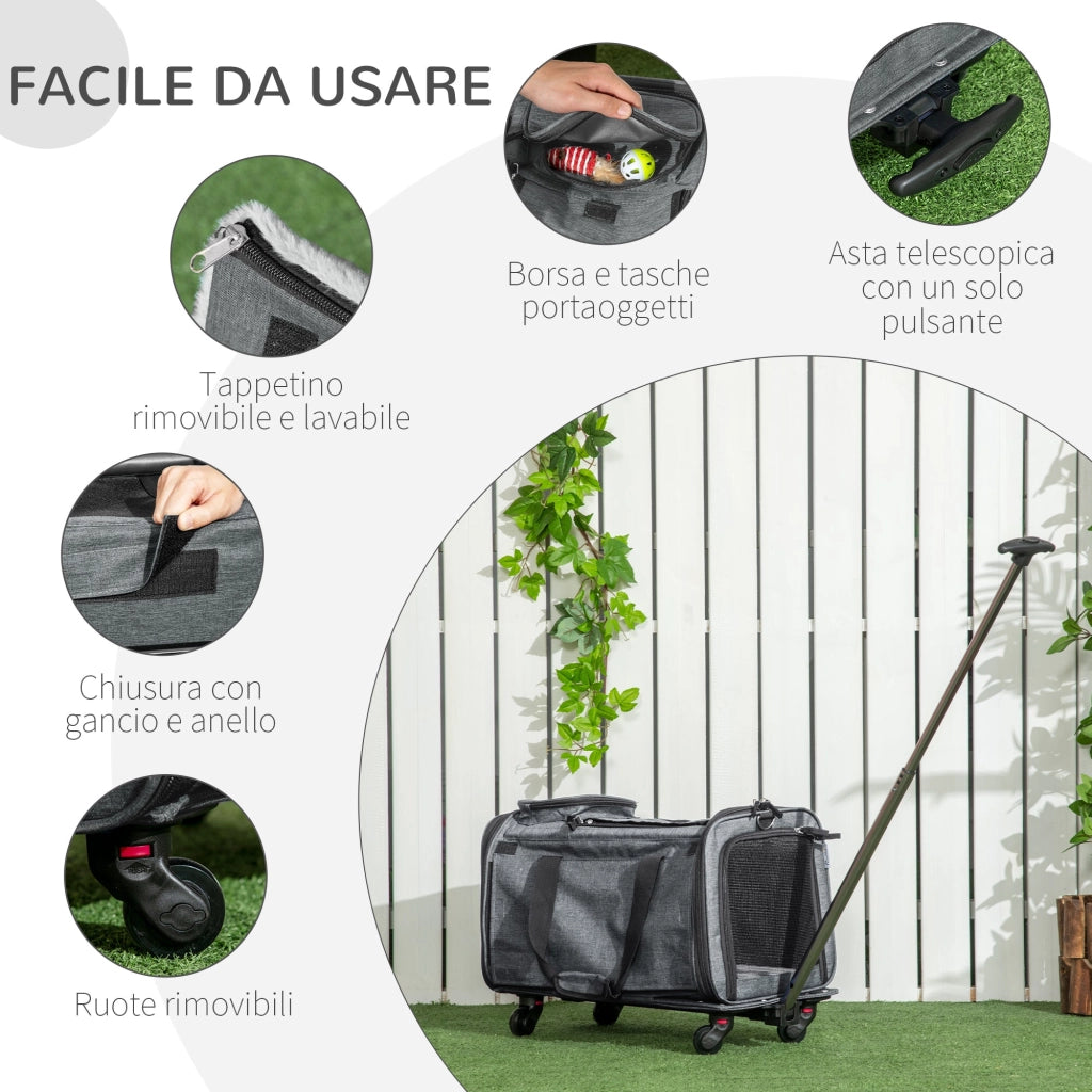 Trasportino per Cani e Gatti 4 in 1 Pieghevole 50x31x37 cm con Maniglia Telescopica Grigio