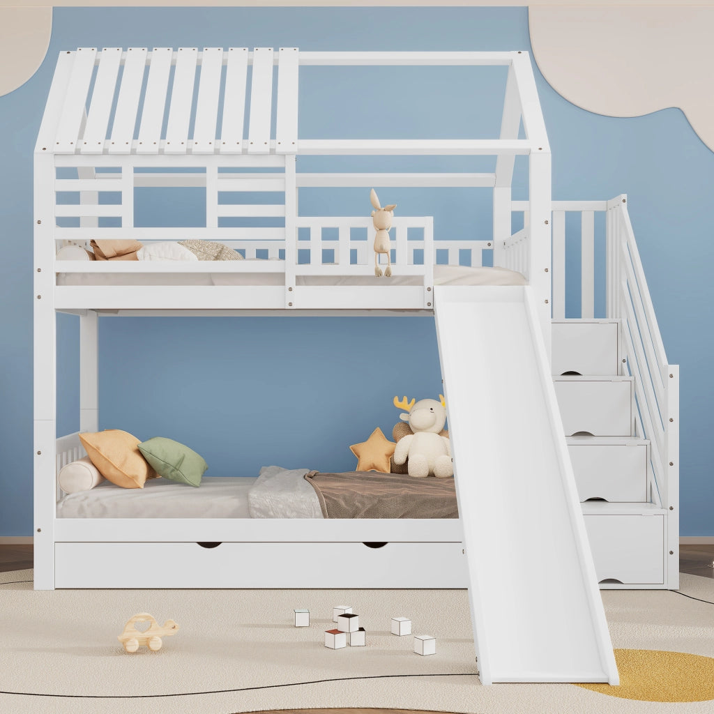 Letto a Castello 90x200 cm con Scala; Scivolo; Contenitori e Cassetti in Bianco