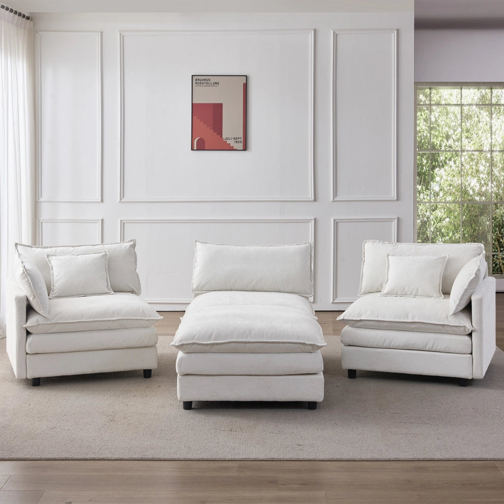 Divano angolare modulare 3 posti con pouf in Chenille Beige