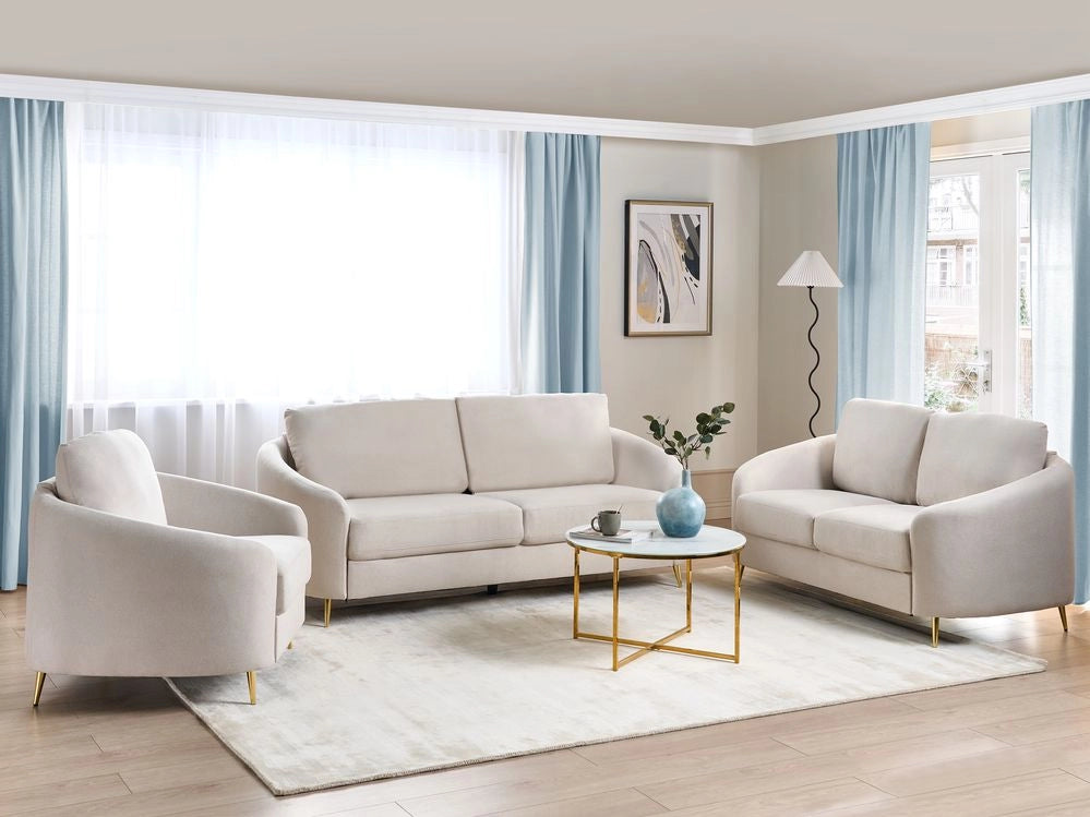 Set da soggiorno due divani e una poltrona in tessuto bouclè beige chiaro 6 posti piedi dorati curve soffici