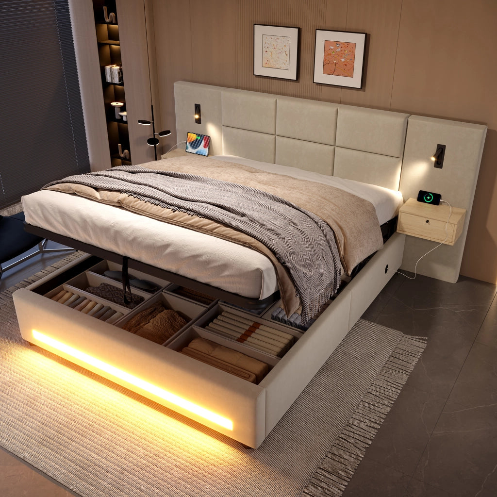 LETTO 180x200 cm in velluto beige con cassetti, LED e USB-C