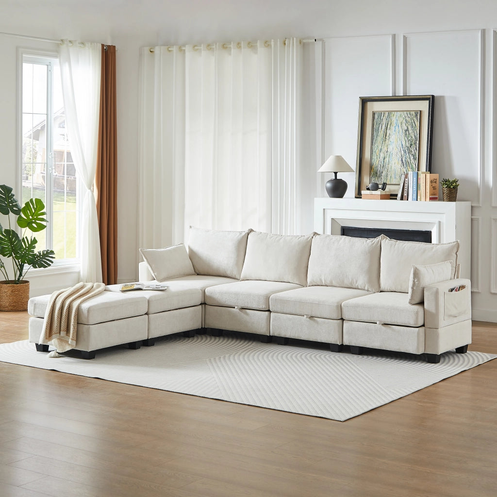 Divano modulare trasformabile in letto con contenitori; 6 moduli in ciniglia beige