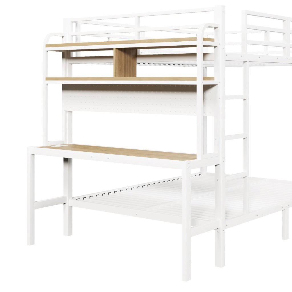 Letto a castello 140x200 cm in metallo e MDF; con scrivania; ripiani; LED e USB; bianco