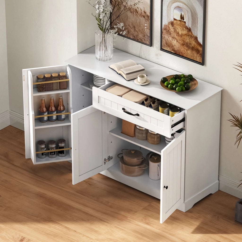 Credenza con 3 ante e 1 cassetto; ripiani regolabili - per soggiorno - in MDF - bianco
