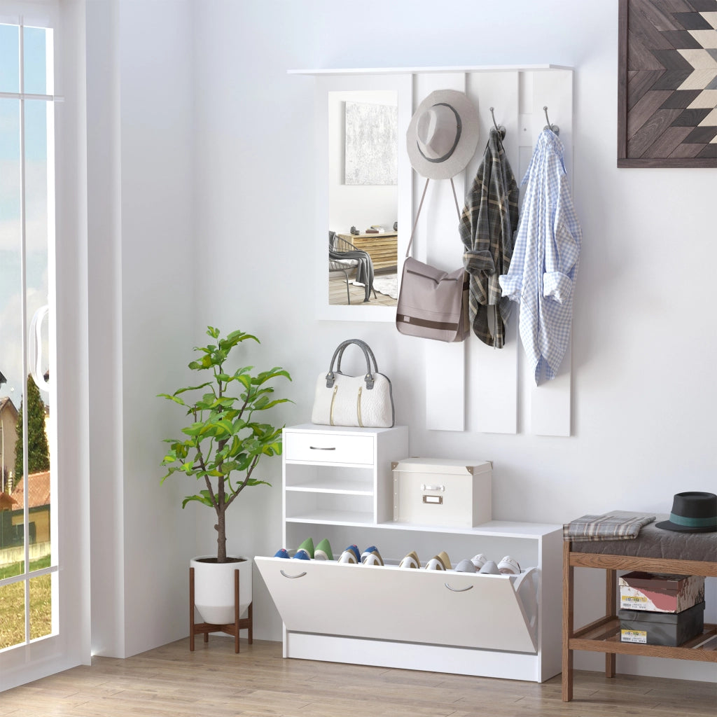 Mobile Ingresso con Specchio Appendiabiti e Scarpiera ¨C Zephmum ¨C 2 Pezzi 6 Ganci Bianco