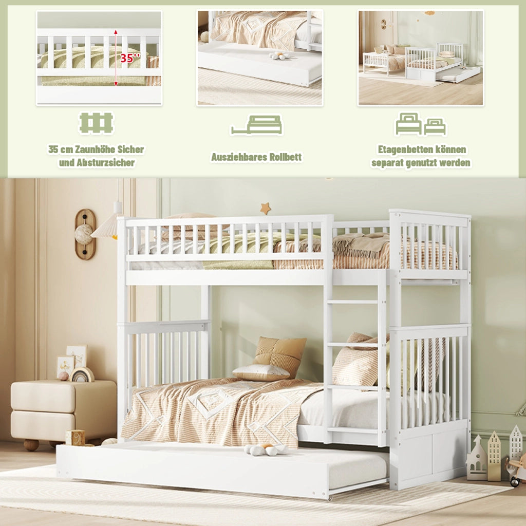 OKWISH Letto a Castello 90×200 cm, Letto 3 Posti con Letto Estraibile, Scala e Sponde Alte, senza Materasso, in Pino, Bianco