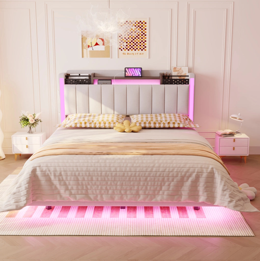 Letto imbottito 140x200 cm beige con LED, USB e contenitore