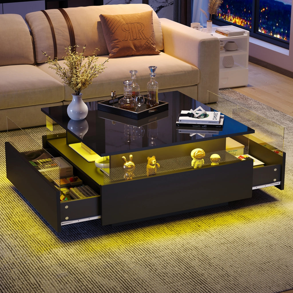 Tavolino basso con 2 cassetti, LED e vano espositivo trasparente per soggiorno, in pannello truciolare, nero, 70 × 70 × 41 cm