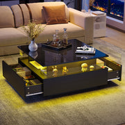 Tavolino basso con 2 cassetti, LED e vano espositivo trasparente per soggiorno, in pannello truciolare, nero, 70 × 70 × 41 cm