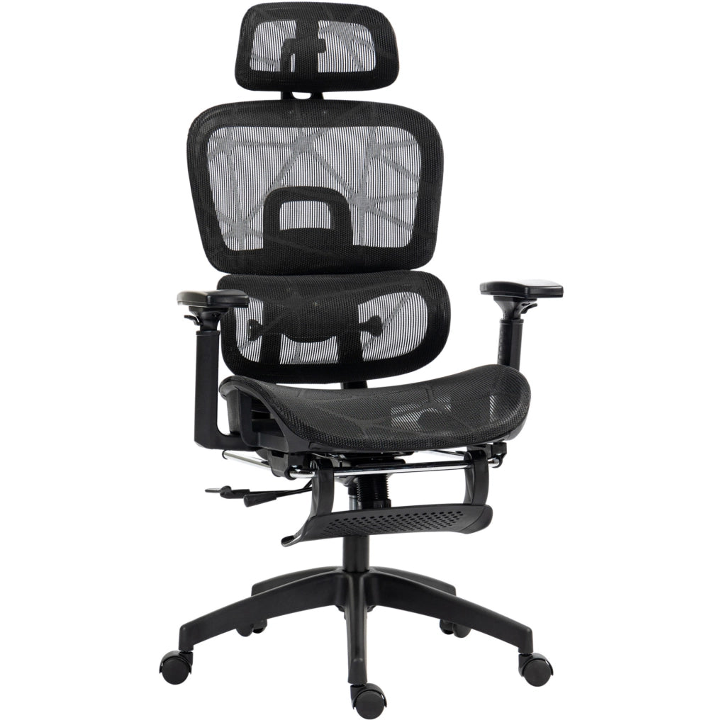 Sedia da ufficio ergonomica nera in rete con poggiapiedi