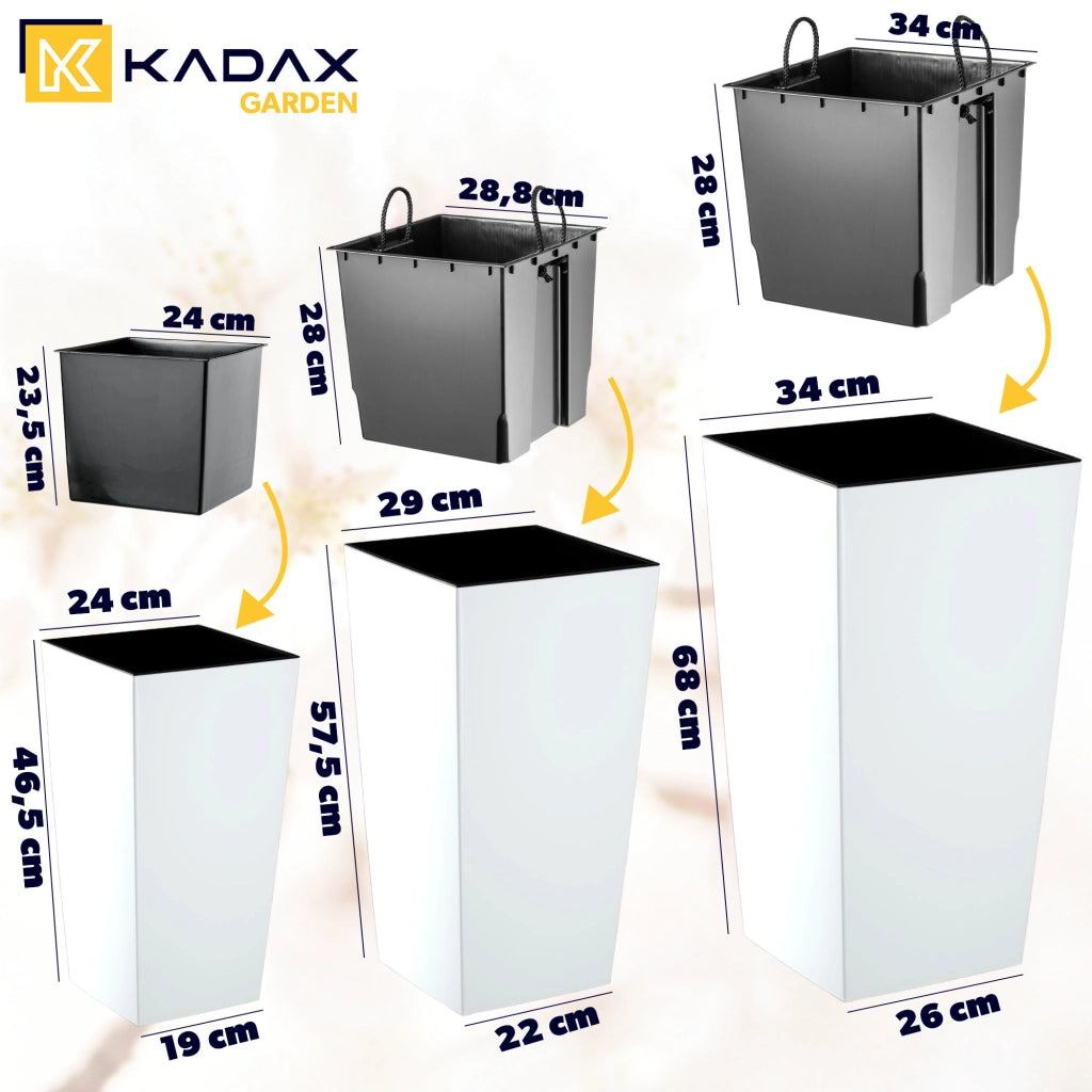 Set di 3 vasi da fiori KADAX, vasi da giardino + inserti, alti, grandi, bianchi, 47+57+68 cm