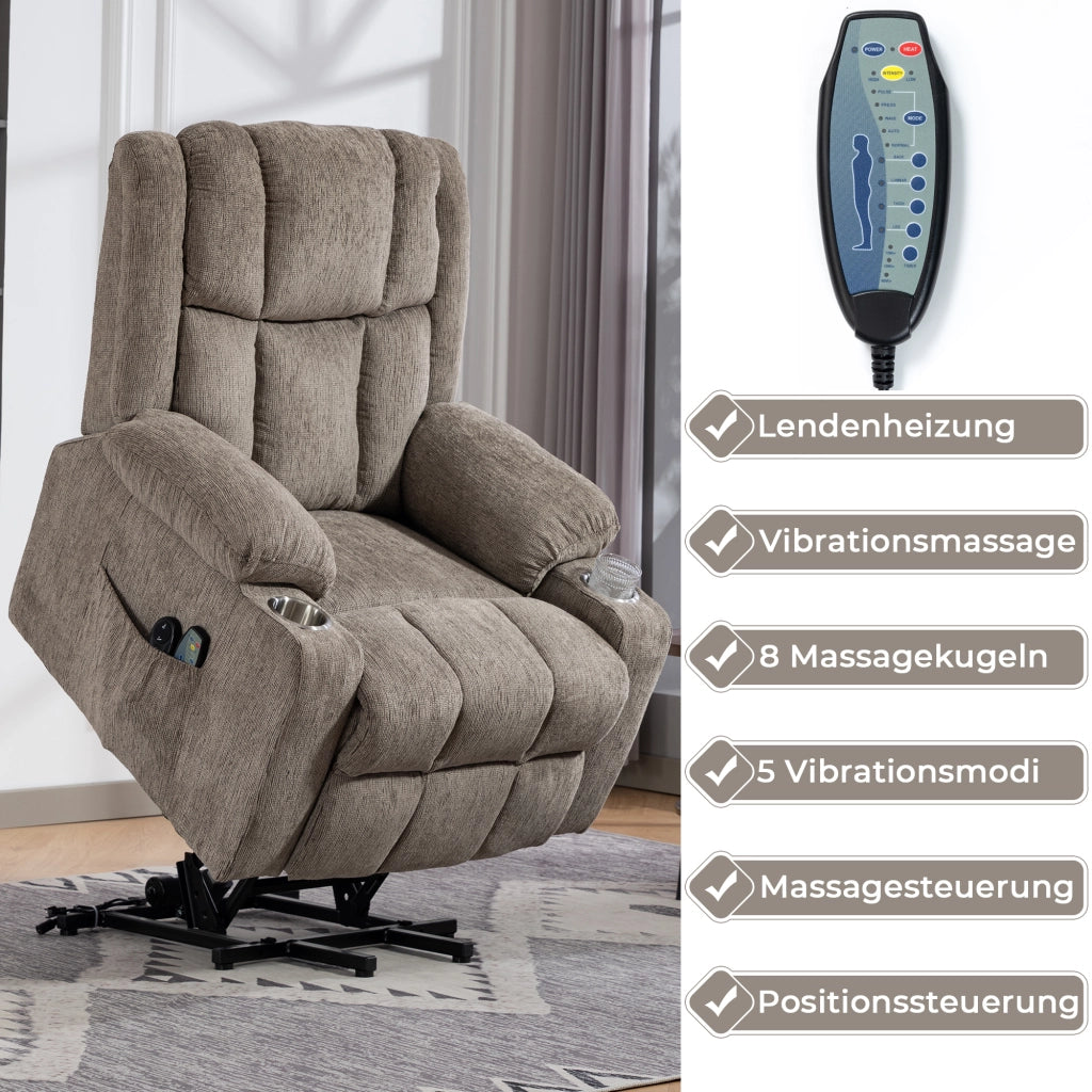 Poltrona Relax Elettrica Reclinabile con Massaggio, Alzapersona e Poggiapiedi ¨C MINIMAL ¨C Marrone Chiaro
