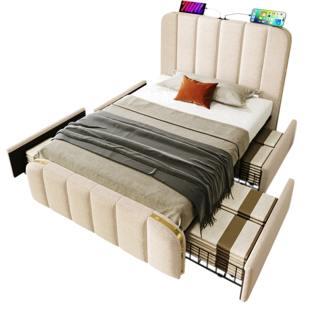 Letto singolo imbottito beige 90×200 cm con USB/Type-C e 4 cassetti
