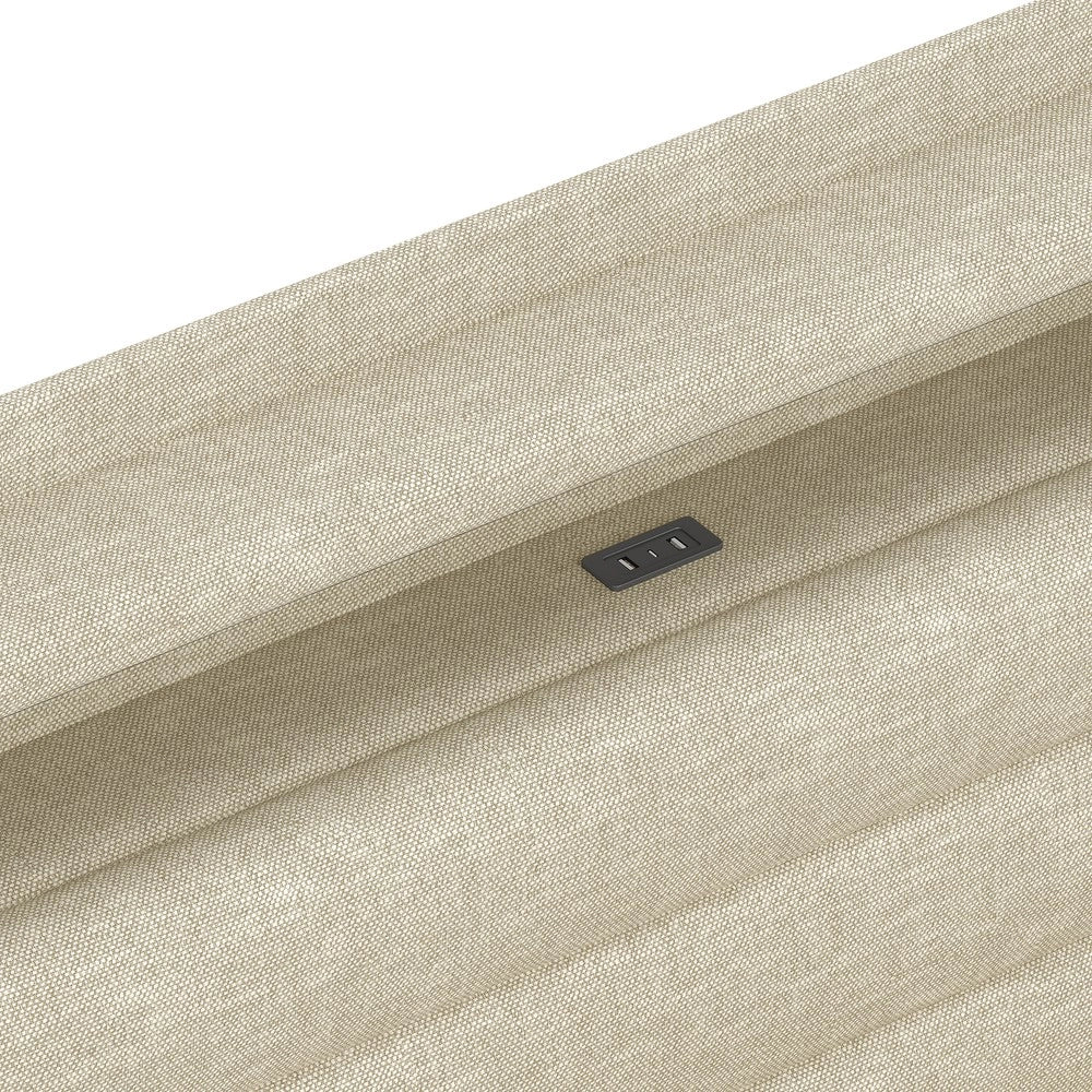 Letto Imbottito Contenitore con LED ¨C Xylo ¨C Tessuto Beige, Idraulico, USB, 140x200