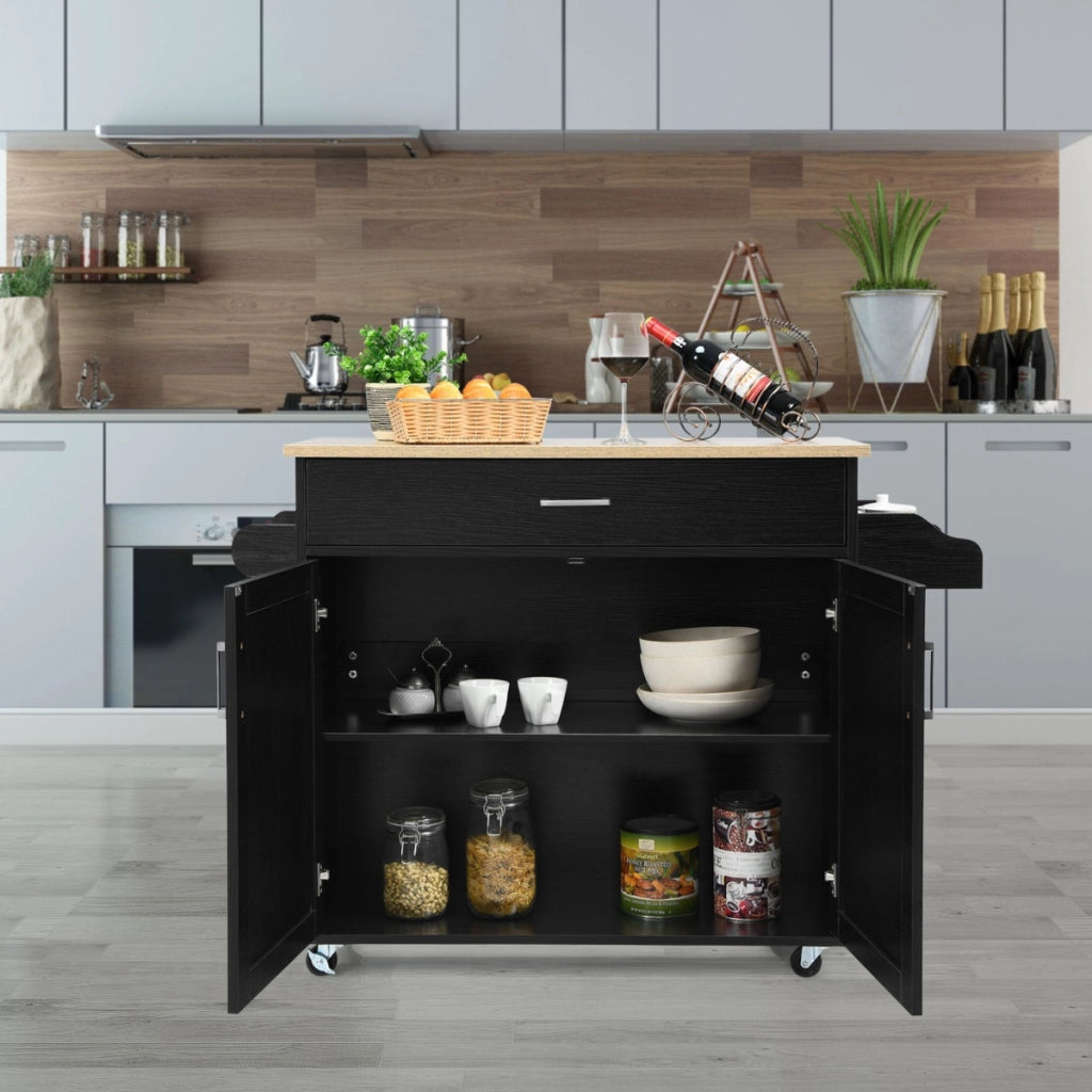 Isola da cucina con mensola regolabile in 3 posizioni, Carrello da cucina con ruote di gomma Nero-Carrelli