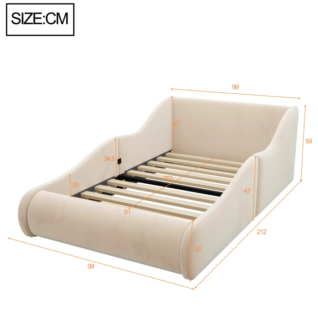 Letto singolo imbottito per bambini 90x200 cm in velluto beige con sponde laterali