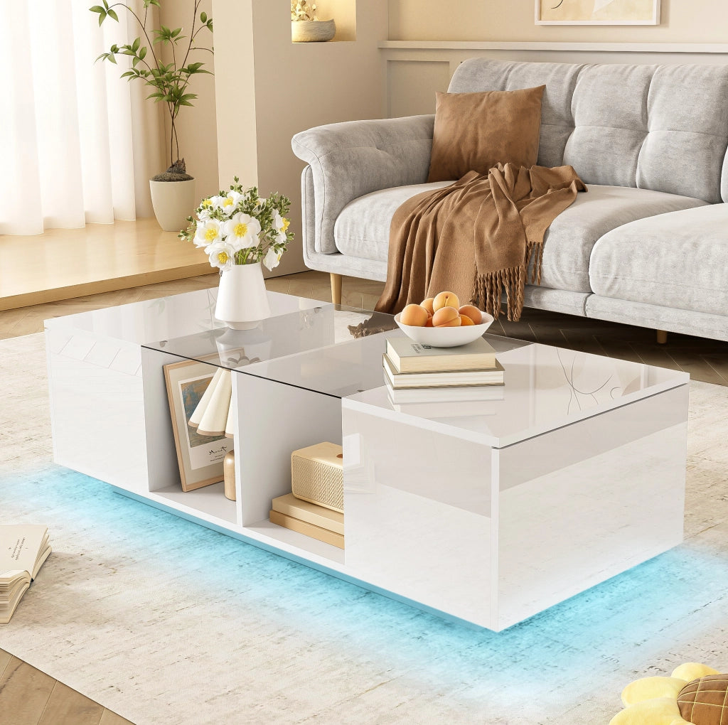 Tavolino da salotto 120x50x38.5 cm con LED e ante laterali; bianco
