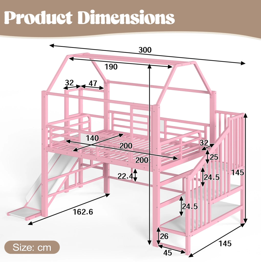 LETTO A CASTELLO Casa 140x200 cm Rosa in MDF e Metallo con Scivolo e LED Bluetooth