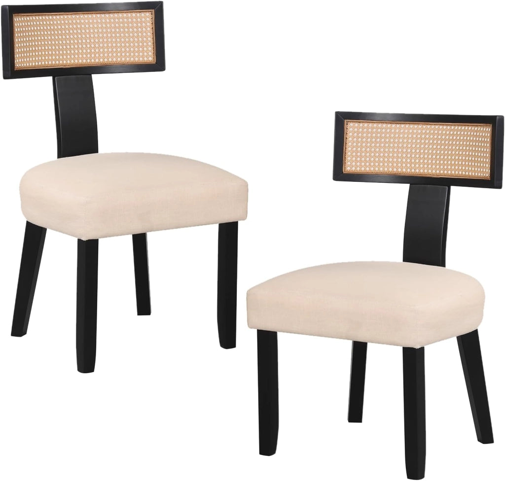 Sedia da Pranzo Imbottita, Sedia da Cucina con Sedile in Tessuto Lino e Schienale Curvo in Rattan, Portata 180 kg, Sgabello Moderno per Soggiorno e Sala da Pranzo, 56x55,5x92,5 cm (Nero)