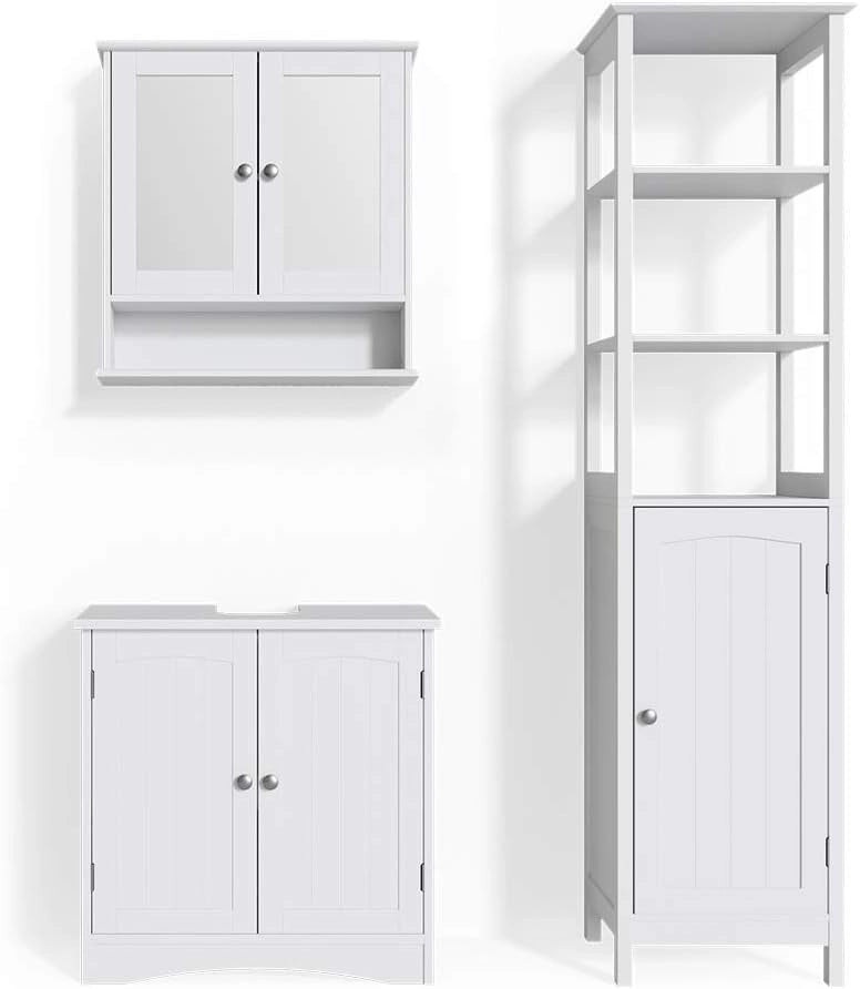Set mobili bagno Bianco, Bianco, 60 cm, composto da mobile sottolavabo, specchiera e colonna alta