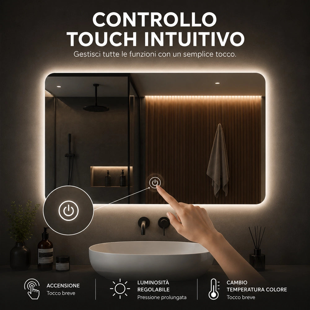 Specchio Led Rettangolare con Led 3 Colori Dimmerabile 70x50 cm Pulsante Touch