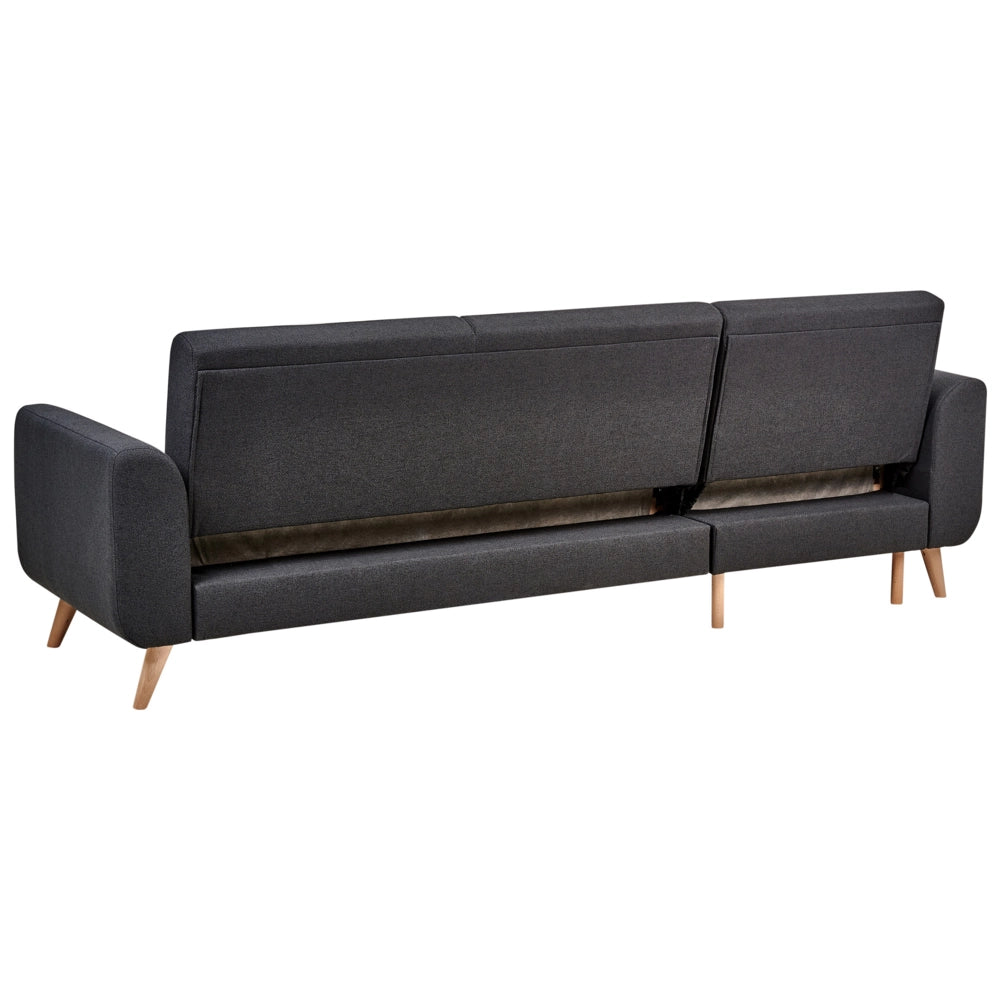 Divano letto ad angolo Rivestimento nero in tessuto poliestere Gambe in legno chiaro Cuscini Design moderno