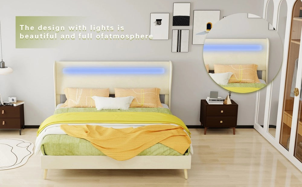 Letto imbottito con testiera LED e materasso ¨C Minimal ¨C beige 160x200 cm