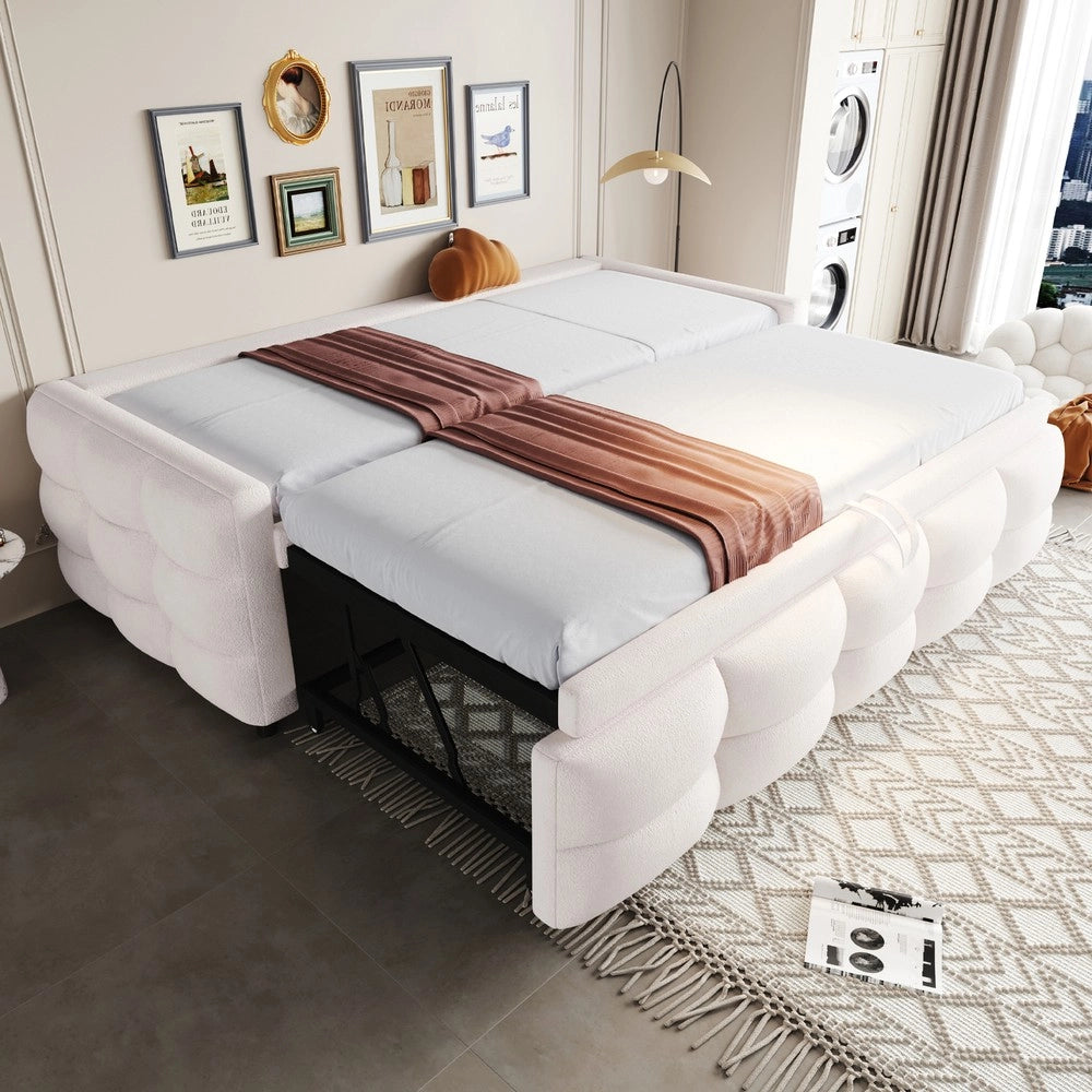 Letto Imbottito Estraibile in Velluto Teddy ¨C MINIMAL ¨C Singolo/Matrimoniale 90/180x190 cm con Doghe, Beige