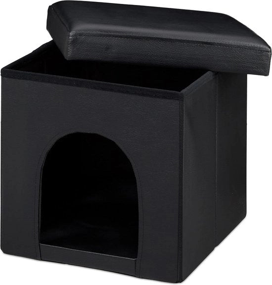 Cuscino per gatti e piccoli cani pieghevole in pelle sintetica - Sedia alta stabile - Nero - 38x38x38 cm Cuscino per gatti
