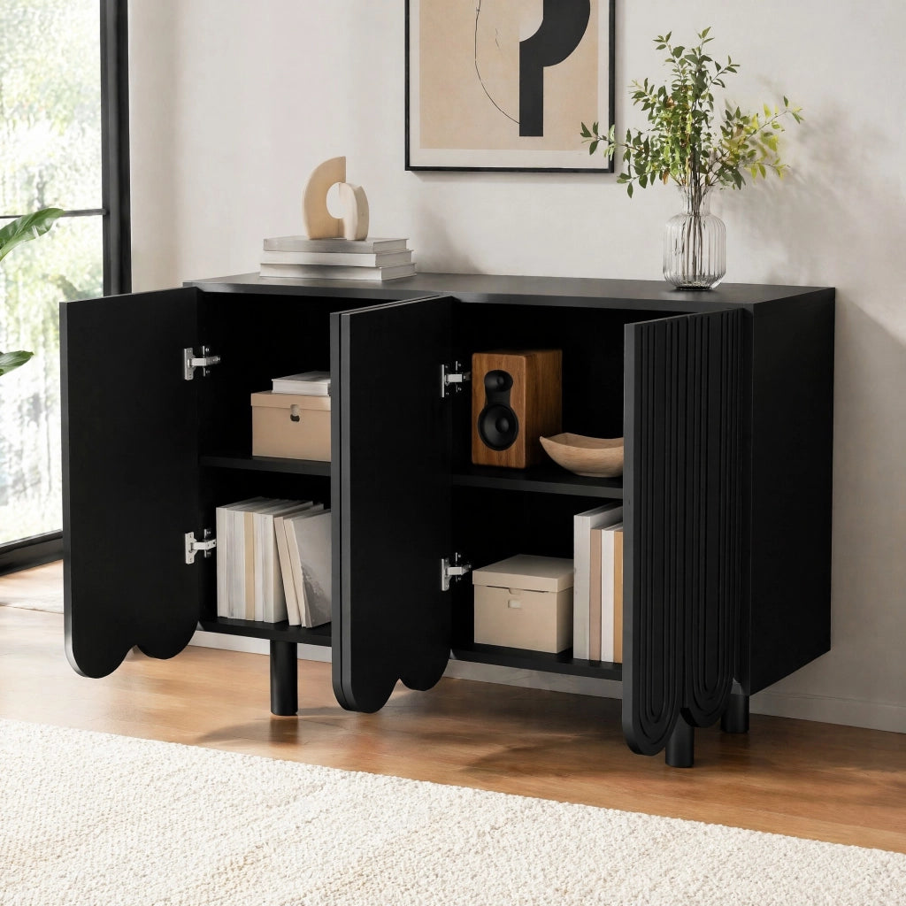Credenza a 4 ante con intagli a goccia, ripiani interni e cerniere ammortizzate, MDF nero 120 × 37,5 × 80,8 cm