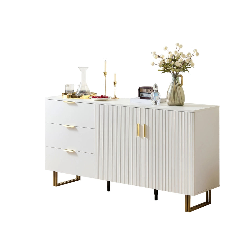 Credenza 160x40x81，5 cm in MDF bianco， 2 ante e 3 cassetti
