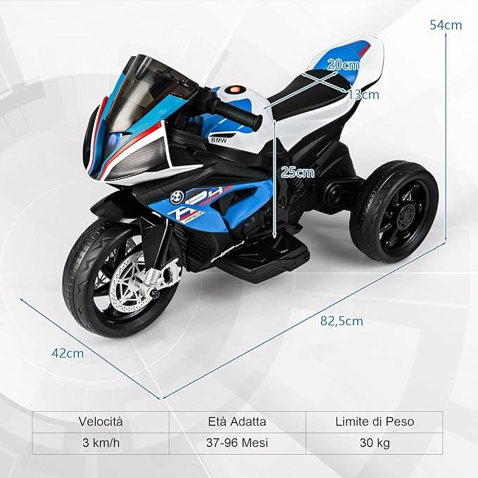 6V BMW Moto Cavalcabile per Bambini, Motocicletta a 3 Ruote con Musica Fari, 3km/h, Moto Elettrica Regalo per Bambini 37 a 96 Mesi (Blu)