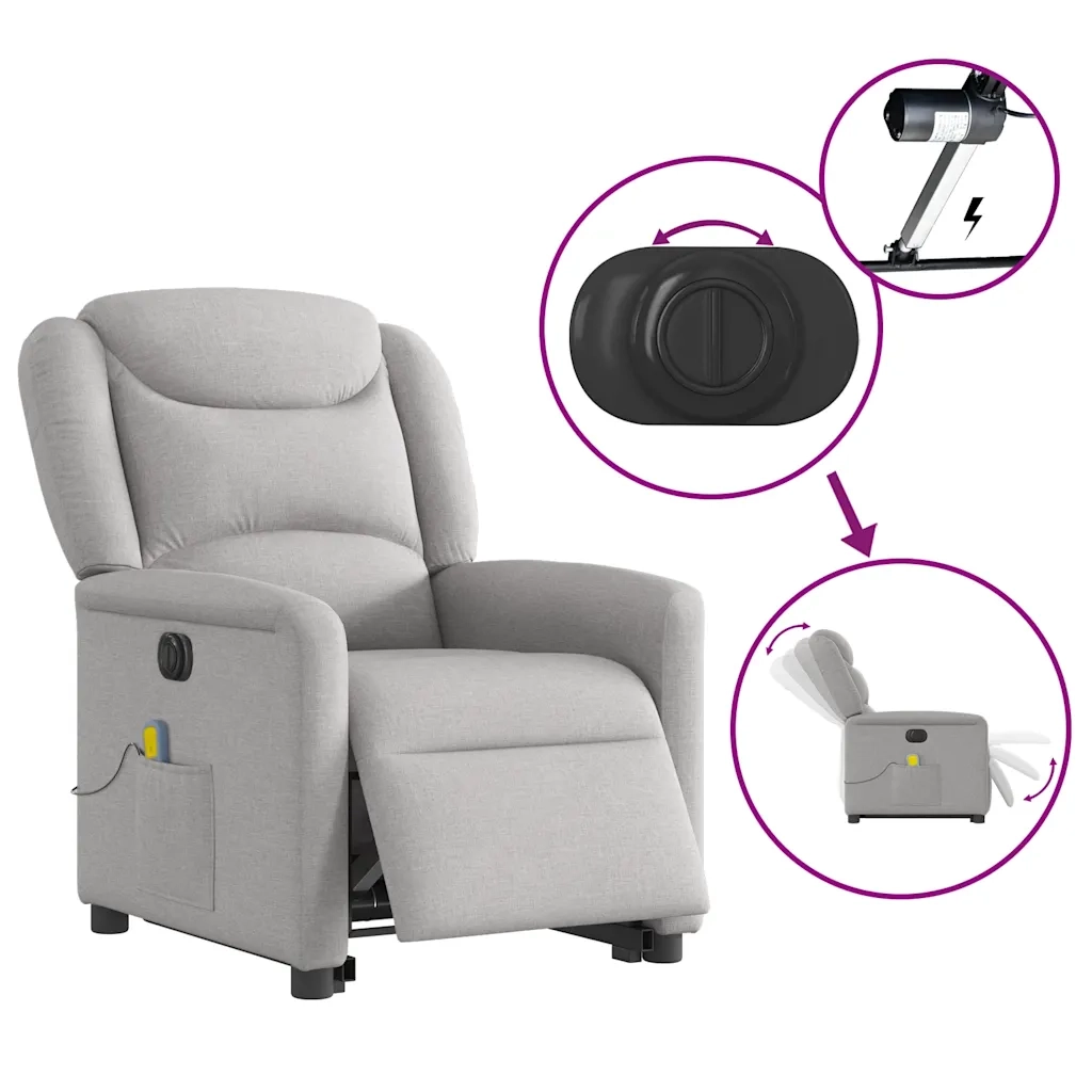 vidaXL Poltrona Alzapersona Massaggi Elettrica Grigio Nuvola Tessuto